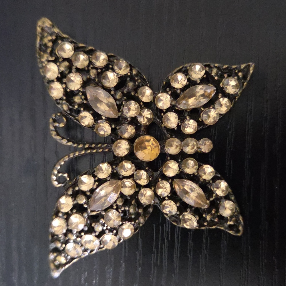 Vintage Large Open Work design Rhinestone Butterfly brooch Pin Brass Tone